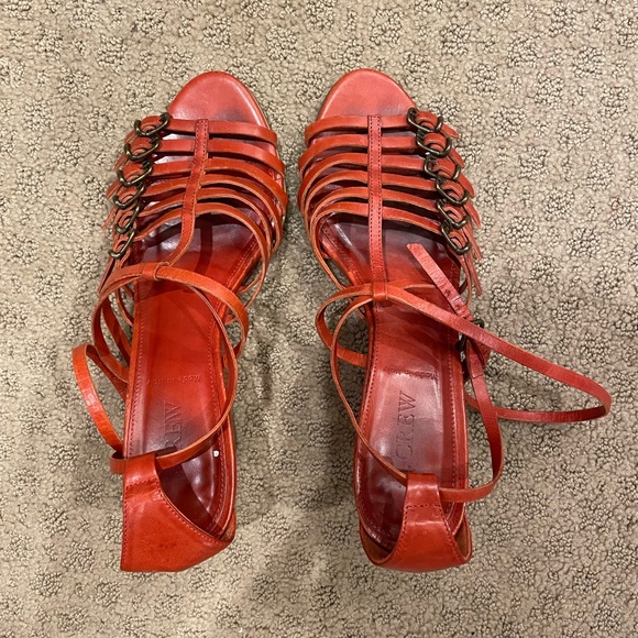Super strapped leather J. Crew wedge heel sandals red orange size 8